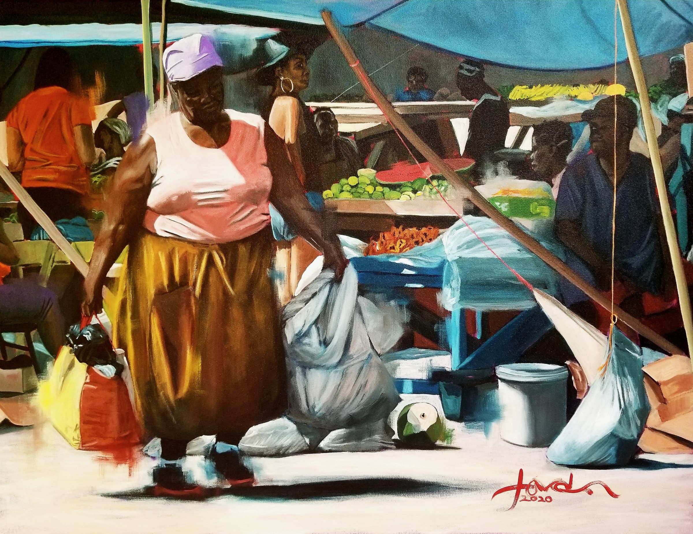 Saturday Market, Oil + Chalkline on Canvas by Gavin Jordan